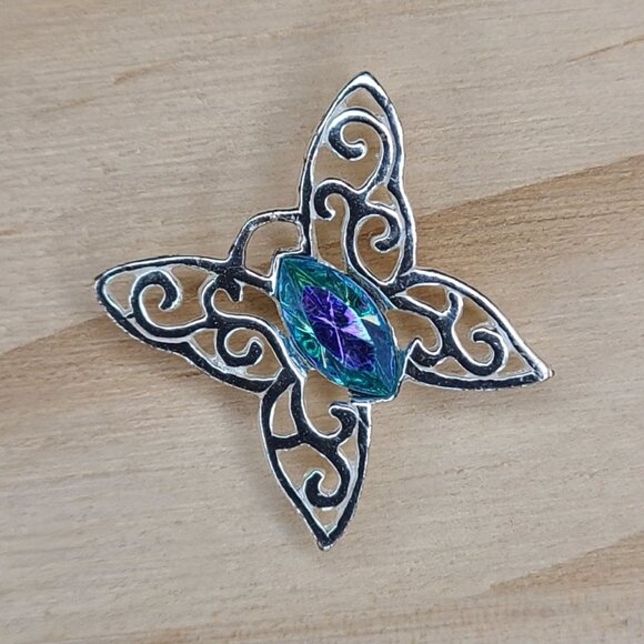 SU Jewelry - Vtg Sterling Silver Butterfly Marquise-Cut Aurora Borealis Crystal Pendant 0.5"
